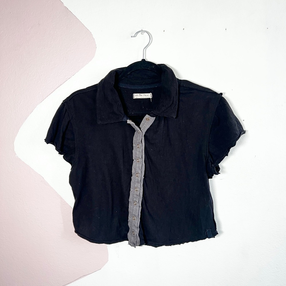 We The Free Polo Shirt Womens Small Black Collared Short Sleeve Knit Top